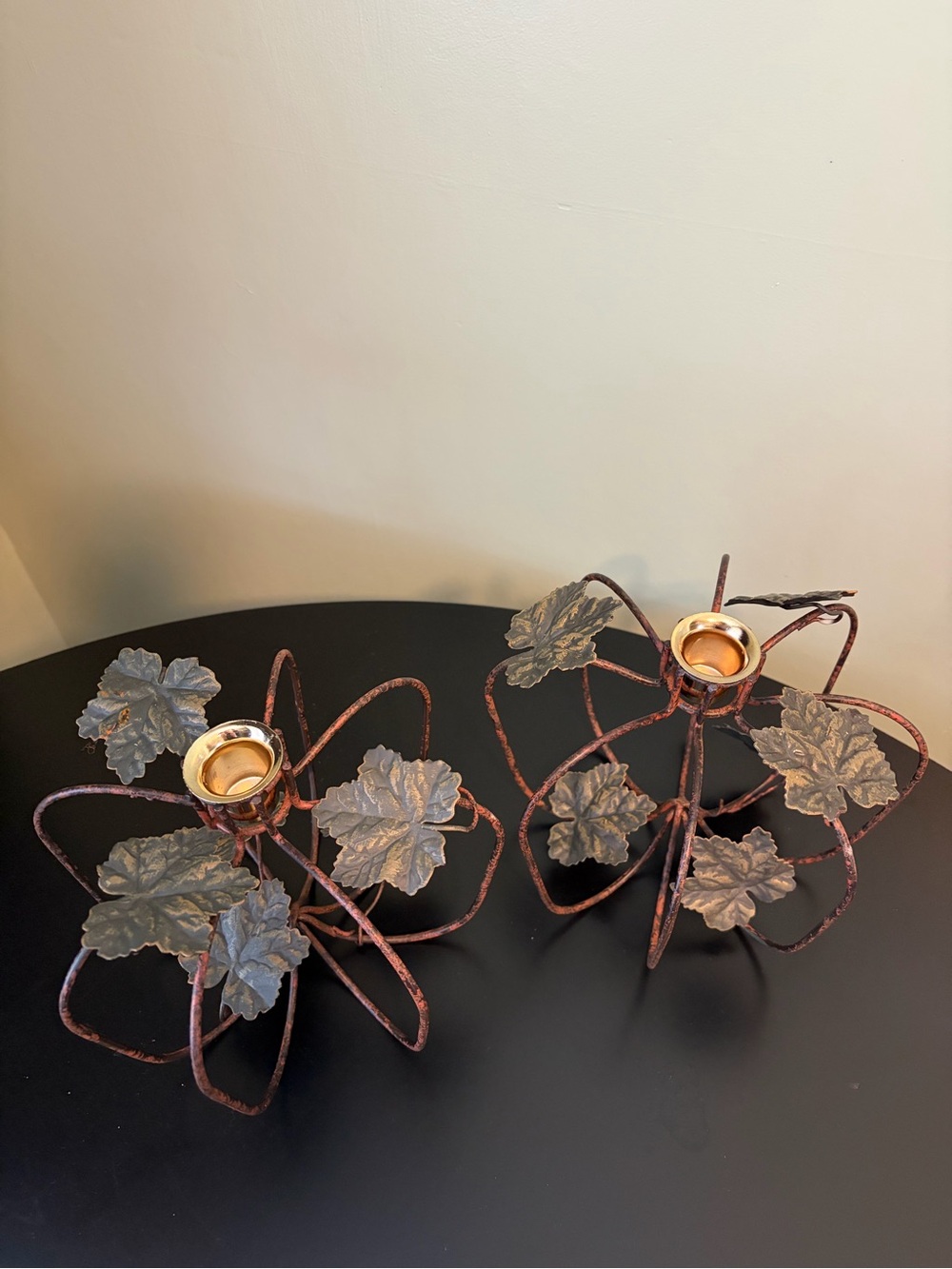 Rustic Metal Pumpkin Candle Holders Leaf Accents Autumn Fall Harvest Set of 2